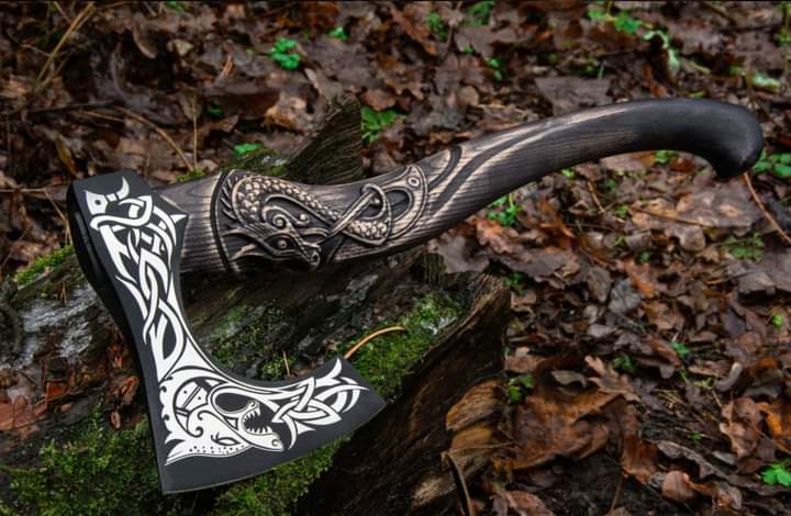Viking Battle Axe with Wolf & Dragon Engraving